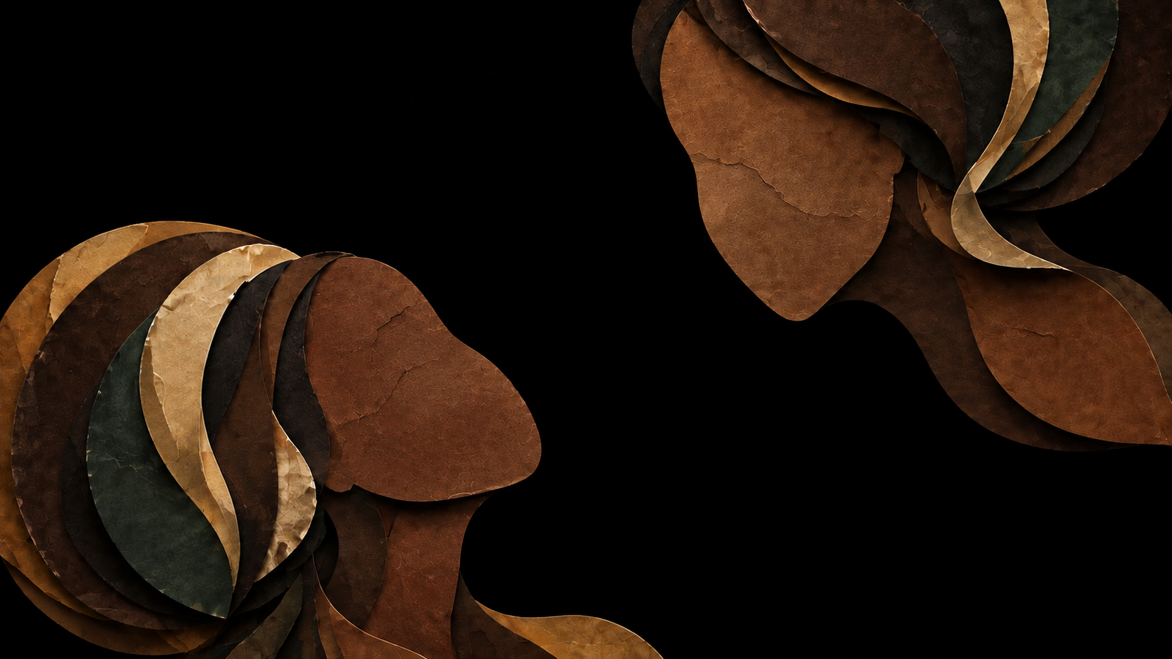 Two faceless Black women formed from weathered layers of brown paper face one another across a solid black field.